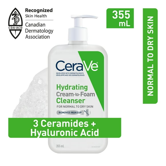 CeraVe Hydrating CREAM-TO-FOAM Cleanser. Face & Eye Makeup Remover with Hyaluronic Acid & 3 Essential Ceramides. Gentle face wash for men & women, removes dirt, excess oil. Normal to dry skin. Fragrance Free, 355ML, Rich, Cream to Foam Cleanser