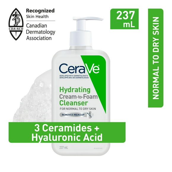 CeraVe Hydrating CREAM-TO-FOAM Cleanser. Face & Eye Makeup Remover with Hyaluronic Acid & 3 Essential Ceramides. Gentle face wash for men & women, removes dirt, excess oil. Normal to dry skin. Fragrance Free, 273ML, Rich, Cream to Foam Cleanser