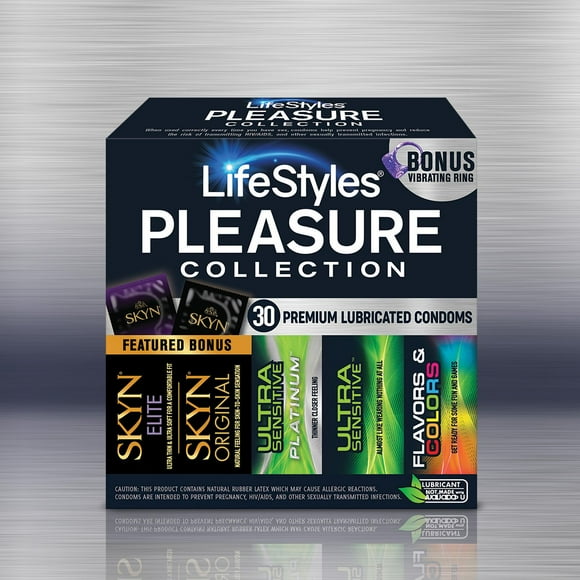 Lifestyles Pleasure Collection Condoms Variety Pack ULTRA SENSITIVE PLATINUM,ULTRA SENSITIVE, FLAVORS & COLORS, SKYN ELITE, SKYN ORIGINAL, Premium Lubricated Condoms, 30 count + BONUS VIBRATING RING