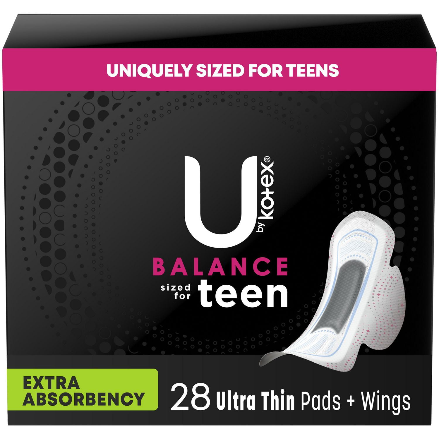 U by Kotex Balance Sized for Teens Ultra Thin Pads with Wings, Extra  Absorbency, 28 Count 