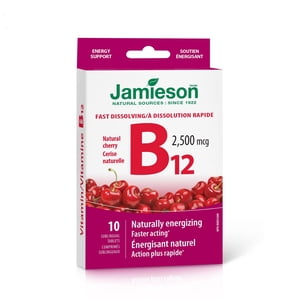 Jamieson Vitamin B12 Tablets, 2500 mcg, Fast-Dissolving, Cherry Flavour, 10 Count