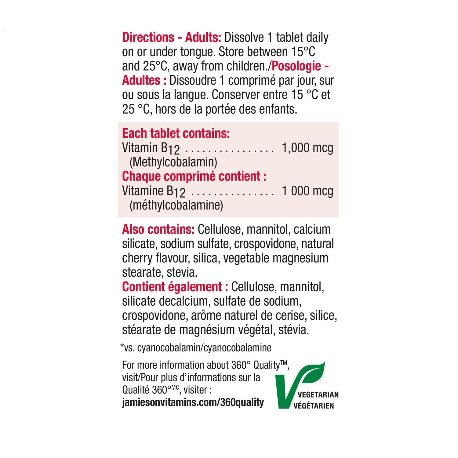 Comprimés sublinguaux Vitamine B12 à dissolution rapide 1 000 mcg Méga Format