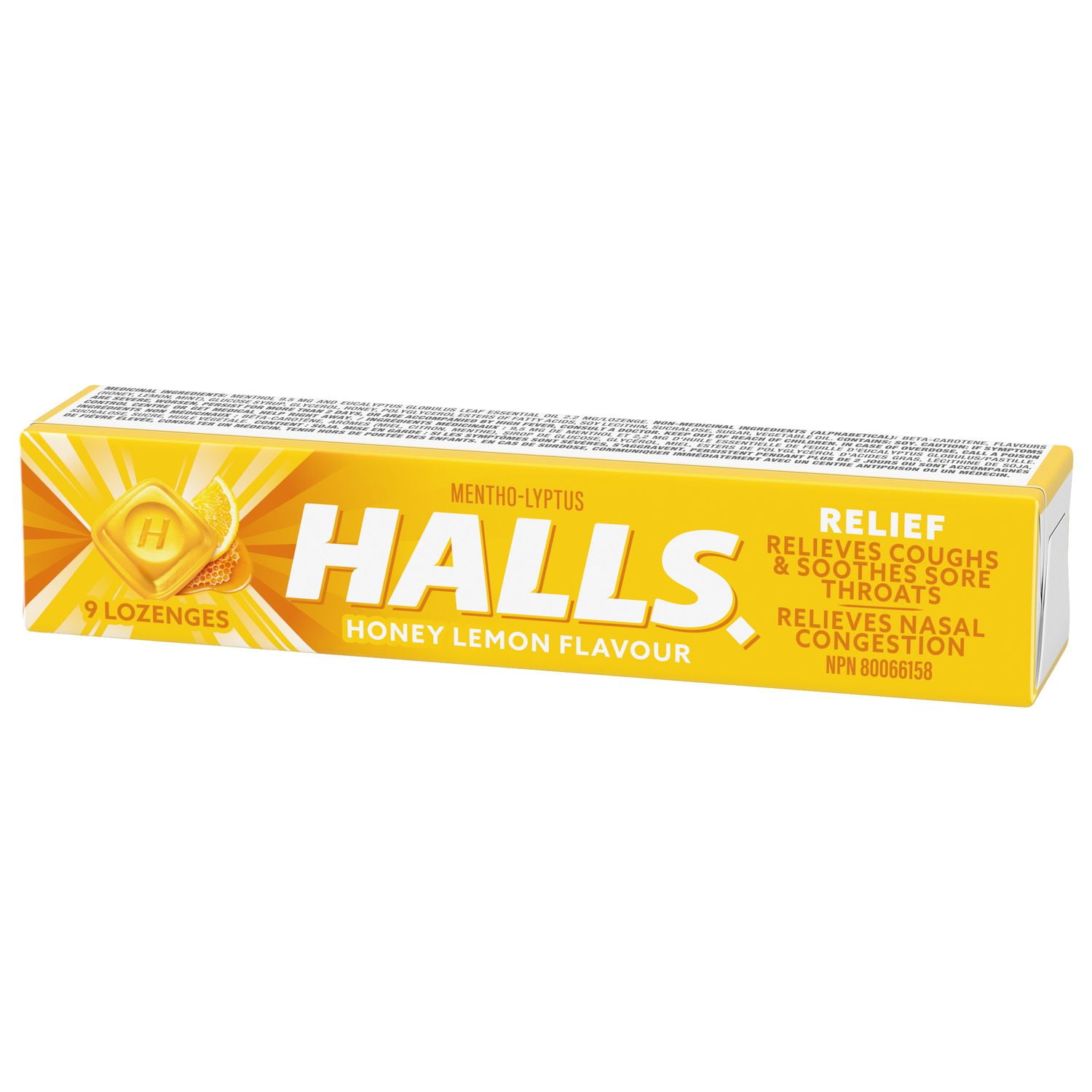 HALLS Honey Lemon Cough Drops, Throat Lozenges, Sore Throat Relief, Mentho-Lyptus, 9 Lozenges