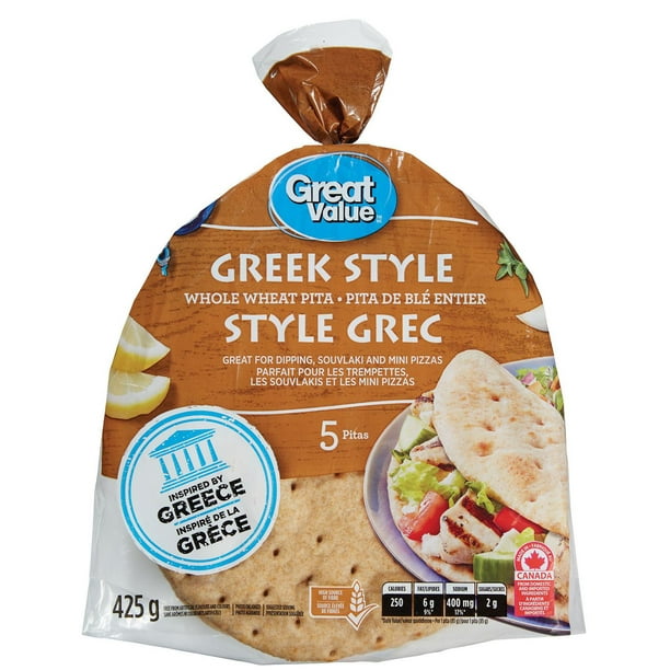 Great Value Greek Style Whole Wheat Pita, 425 g, 5 pitas Walmart.ca