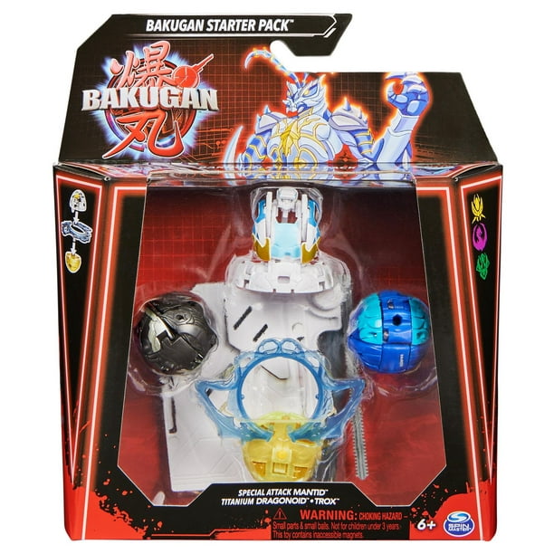 Bakugan Starter 3-Pack, Special Attack Mantid, Titanium Dragonoid et Trox, figurines articulées personnalisables qui tournent et cartes à collectionner, jouets pour garçons et filles à partir de 6 ans