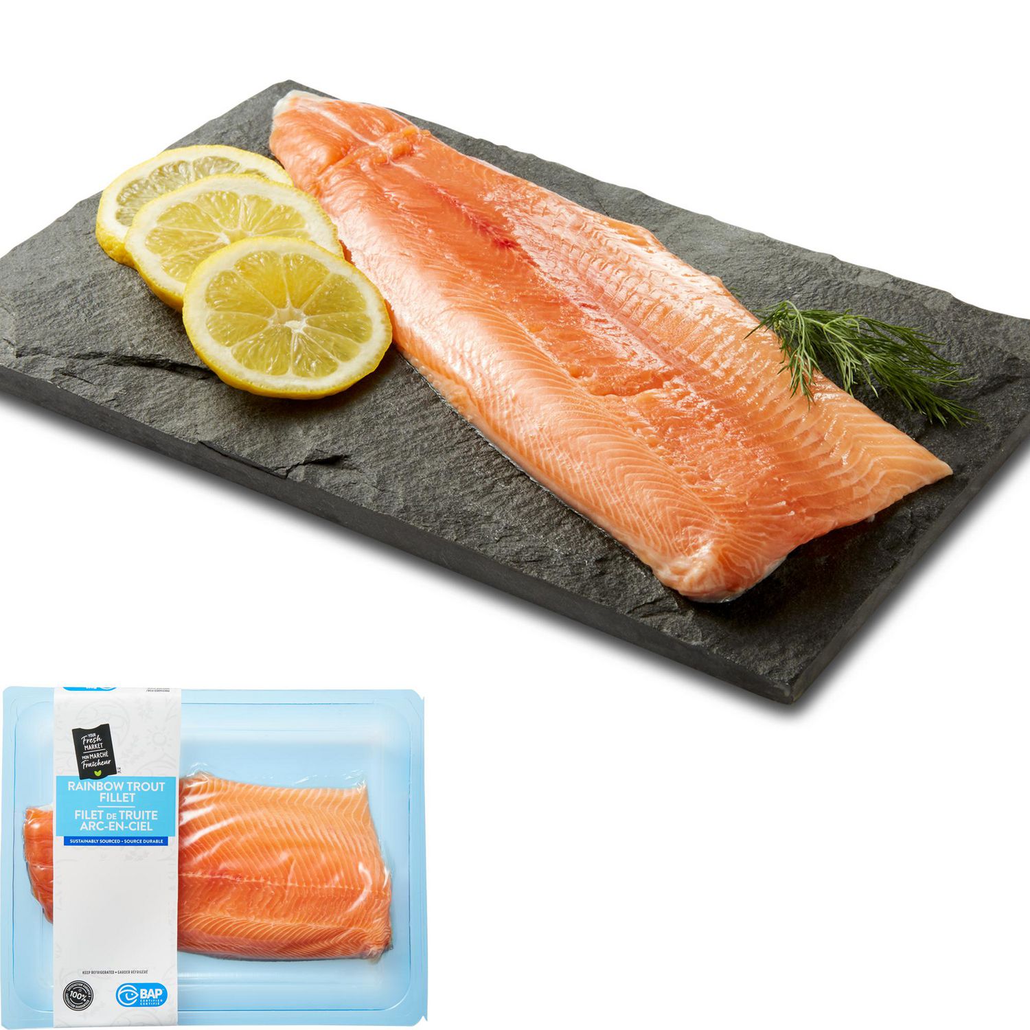 Filet de truite arc-en-ciel Mon marché fraîcheur, 1 morceaux, 0.28 - 0.45 KG
