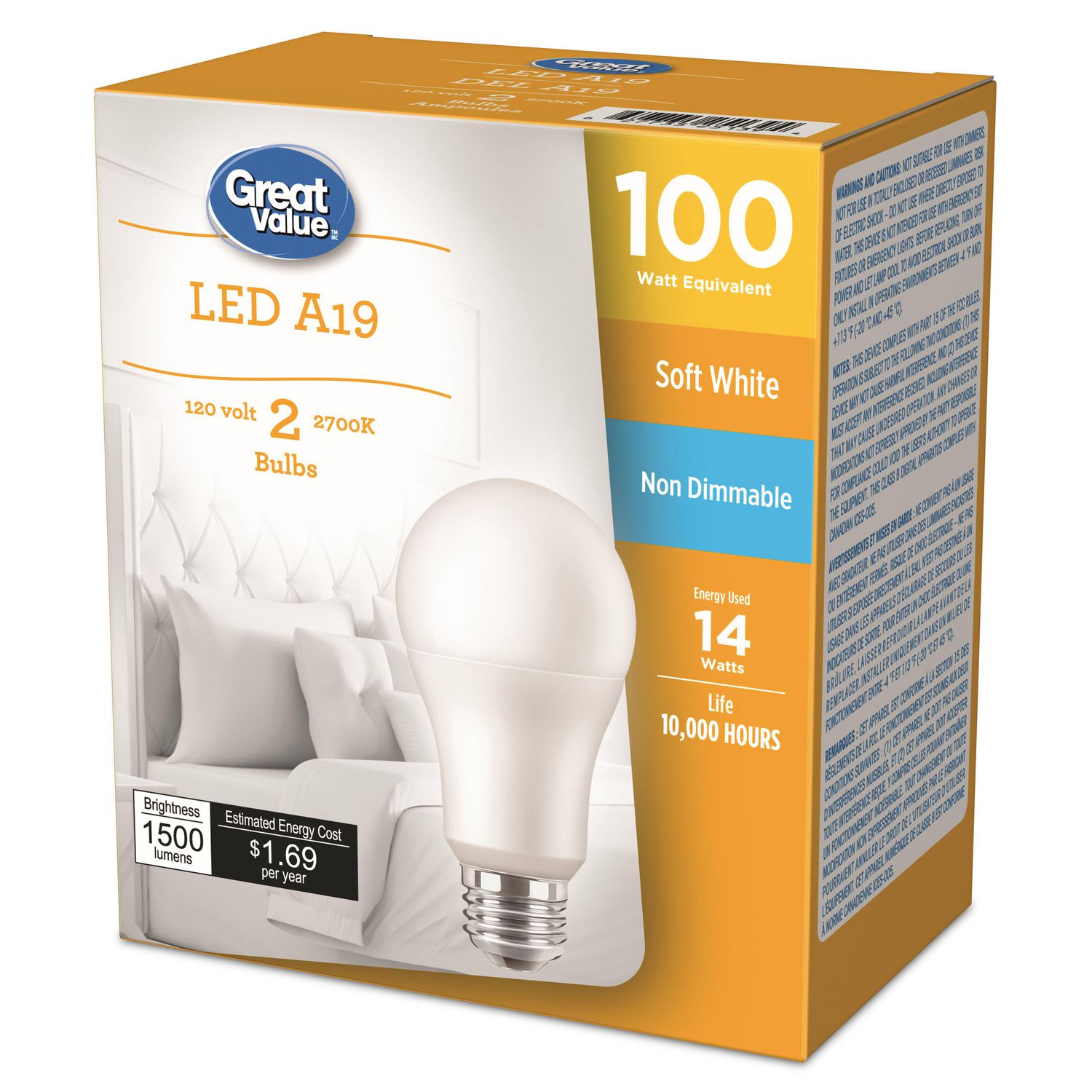 Great Value 100W A19 Soft White LED Light Bulbs - 2 Pack, Non