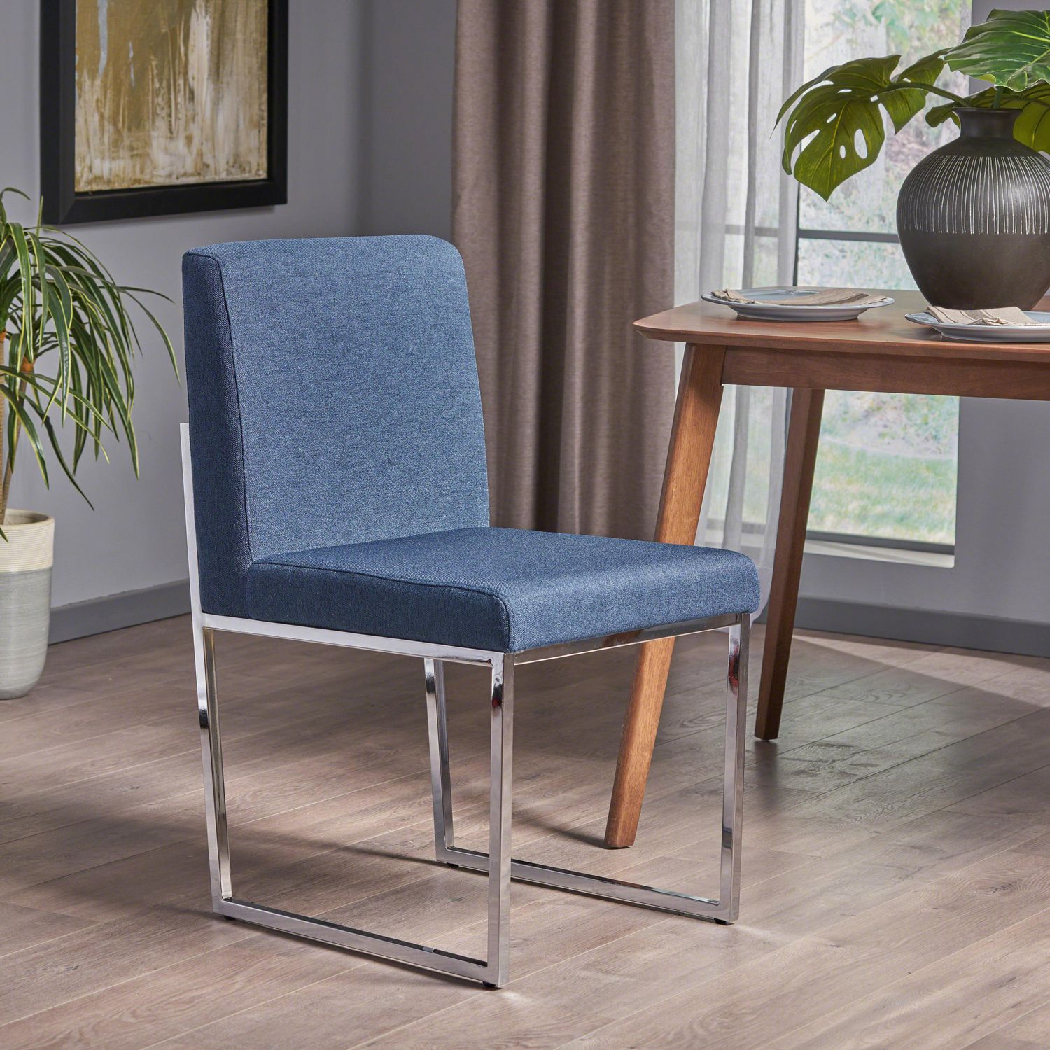 Delma Modern Navy Blue Fabric Dining Chair with Chrome Finished Iron