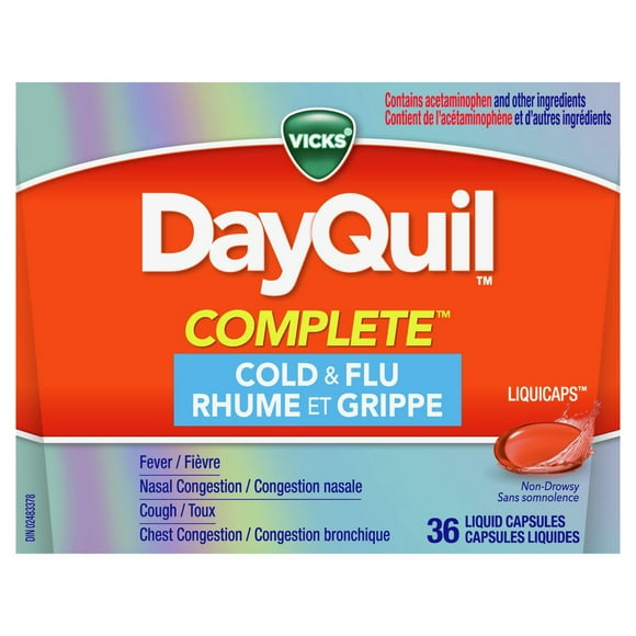 Vicks DayQuil COMPLETE Cold and Flu Symptom and Congestion Relief, LiquiCap Medicine, 9-Symptom Non-Drowsy Daytime Relief for Headache, Fever, Sore Throat Pain, Minor Aches, Nasal Congestion, Sinus Pressure, Chest Congestion, Stuffy Nose, and Cough
