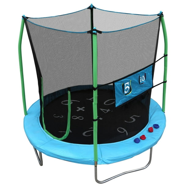 SKYWALKER TRAMPOLINES Trampoline d'extérieur rond de 7,5 pieds bleu sarcelle pour enfants avec filet de sécurité et coussin à ressorts, approbation ASTM, fixation de trampoline de jeu à double lancer