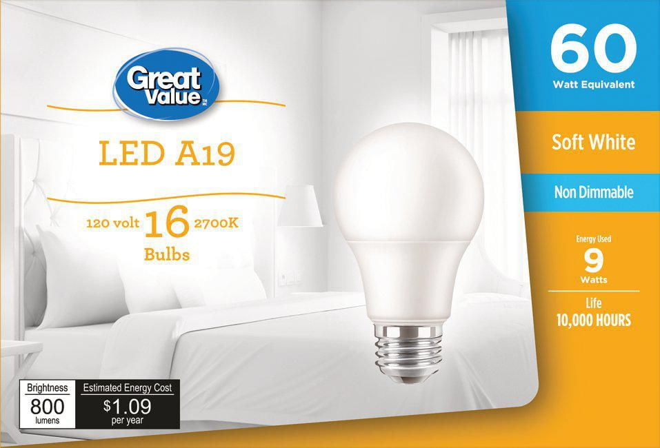 Great Value 60W A19 Soft White LED bulbs 16 pack LED A19 60W