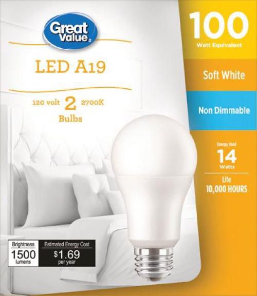 Great Value 100W A19 Soft White LED Light Bulbs - 2 Pack, Non