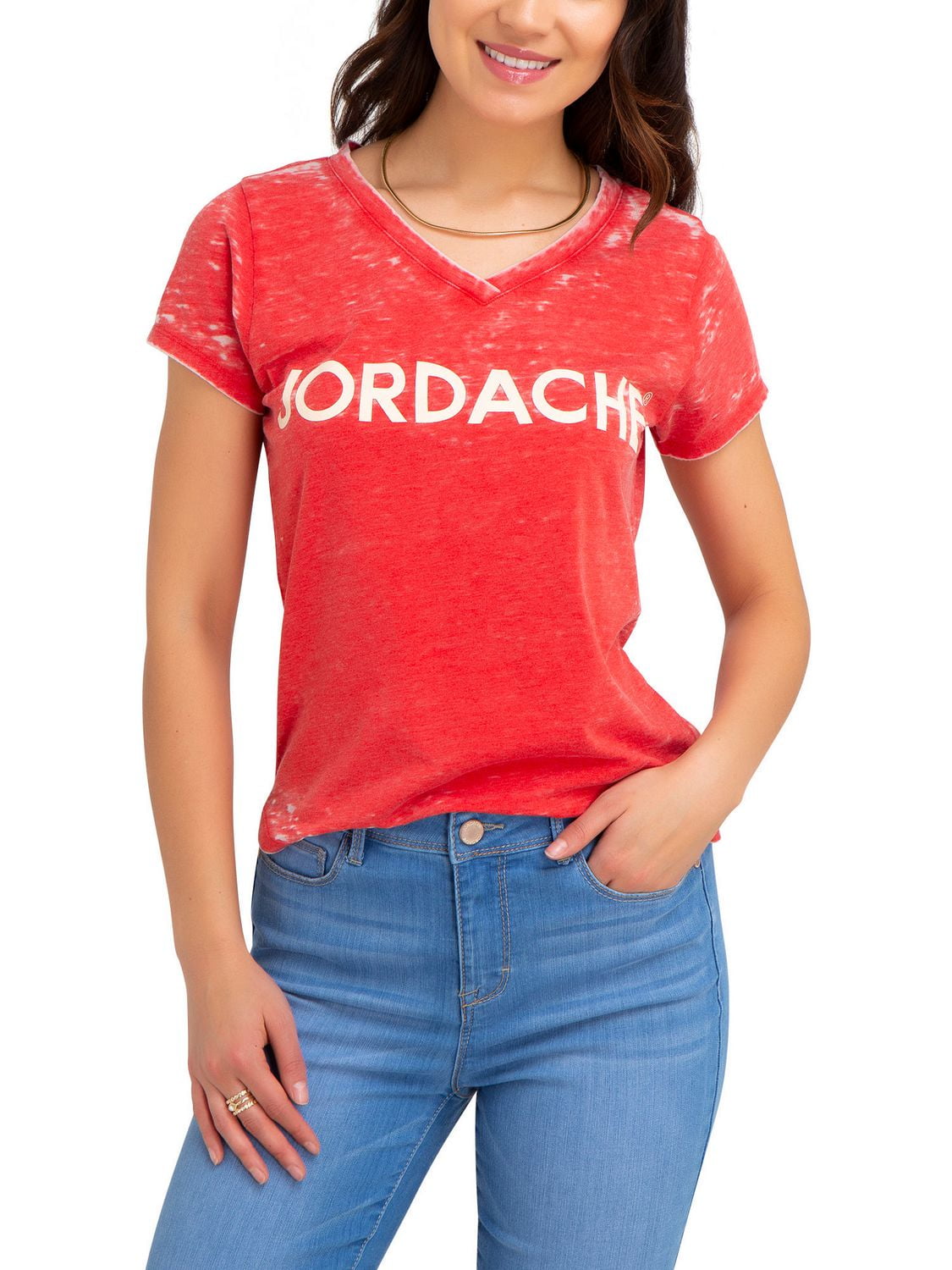 Jordache Women's Curved V-Neck Logo Tee