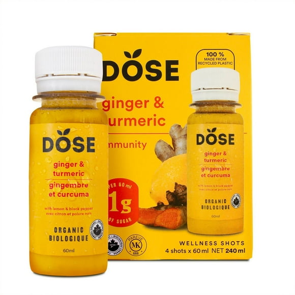 DOSE Organic Ginger & Turmeric Shot, 4 Pack, 4 x 60 mL bottles