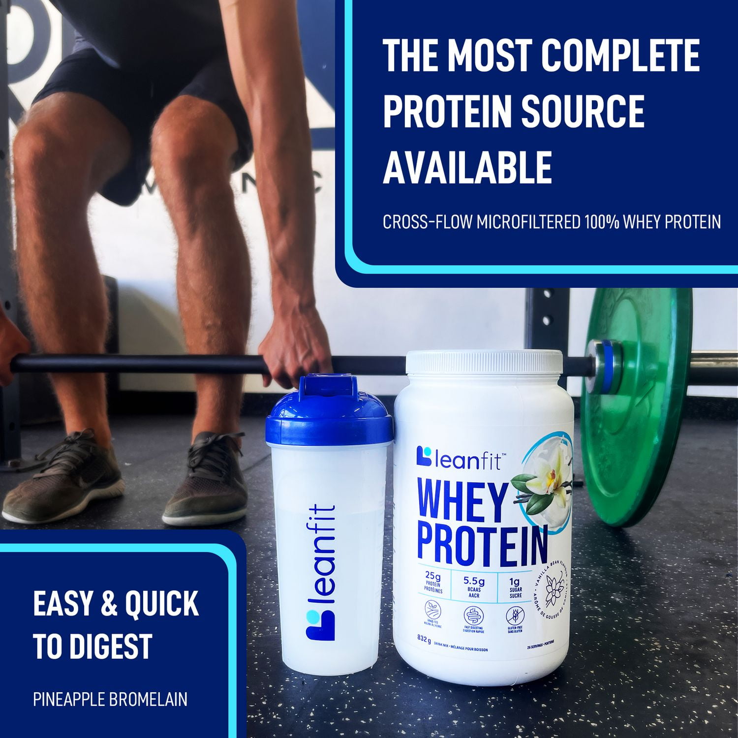 LEANFIT WHEY PROTEIN™ Vanilla 832g - 100% Whey Protein Powder, 25g Protein Per Serving, Grass-Fed, Gluten-Free, BCAAs, Complete Amino Acid Profile
