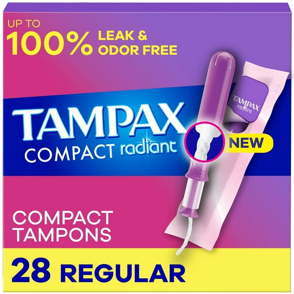 Tampax Compact Radiant Tampons, with LeakGuard Braid & Extendable Applicator, Regular Absorbency, Unscented, 28CT