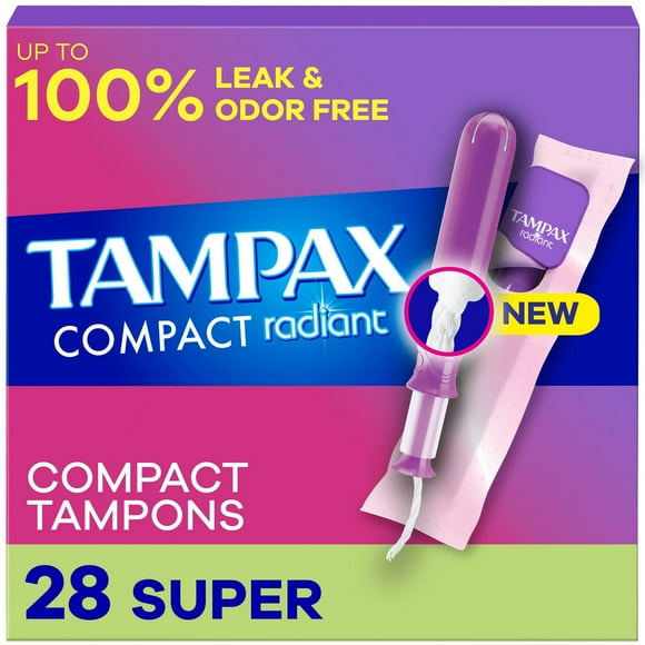 Tampax Compact Radiant Tampons, with LeakGuard Braid & Extendable Applicator, Super Absorbency, Unscented, 28CT