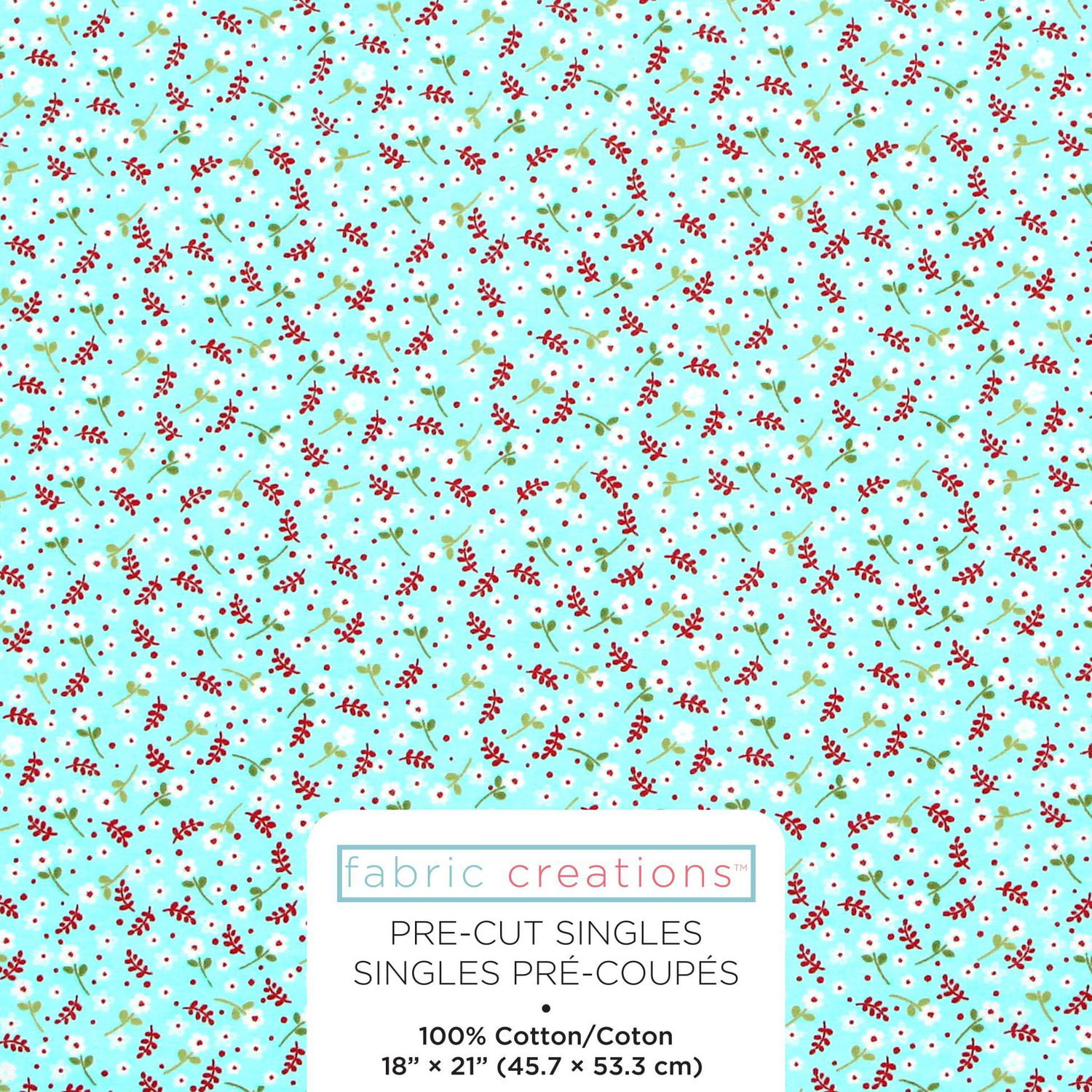 Fabric Creations Turquoise Blue with White Stemmed Flowers and Red