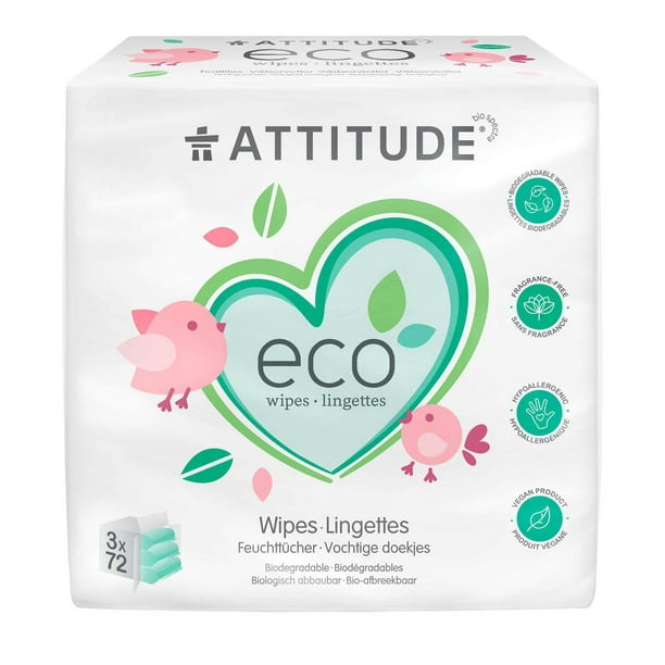 ATTITUDE eco, Lingettes pour Bébé, Biodegradables, Recharge, Sans Fragrance, 216 Unités