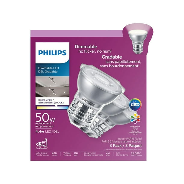 Philips DEL 50W PAR16 blanc brillant Verre paq. de 3