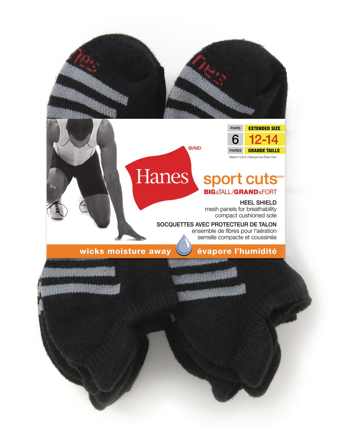 Hanes Men's 6 Pack Sport Cuts Crew Cushion Sock, Size 6-12