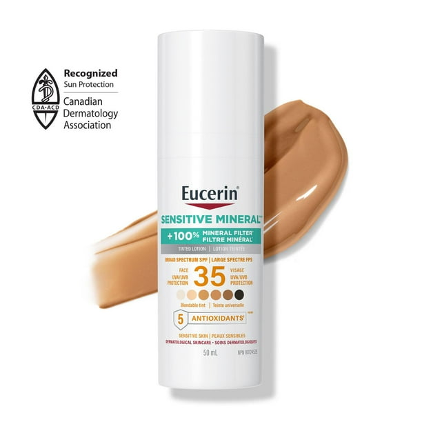 Eucerin Sun Tinted Mineral Face Sunscreen Lotion with SPF 35, 50 mL Blendable Tinted Sunscreen