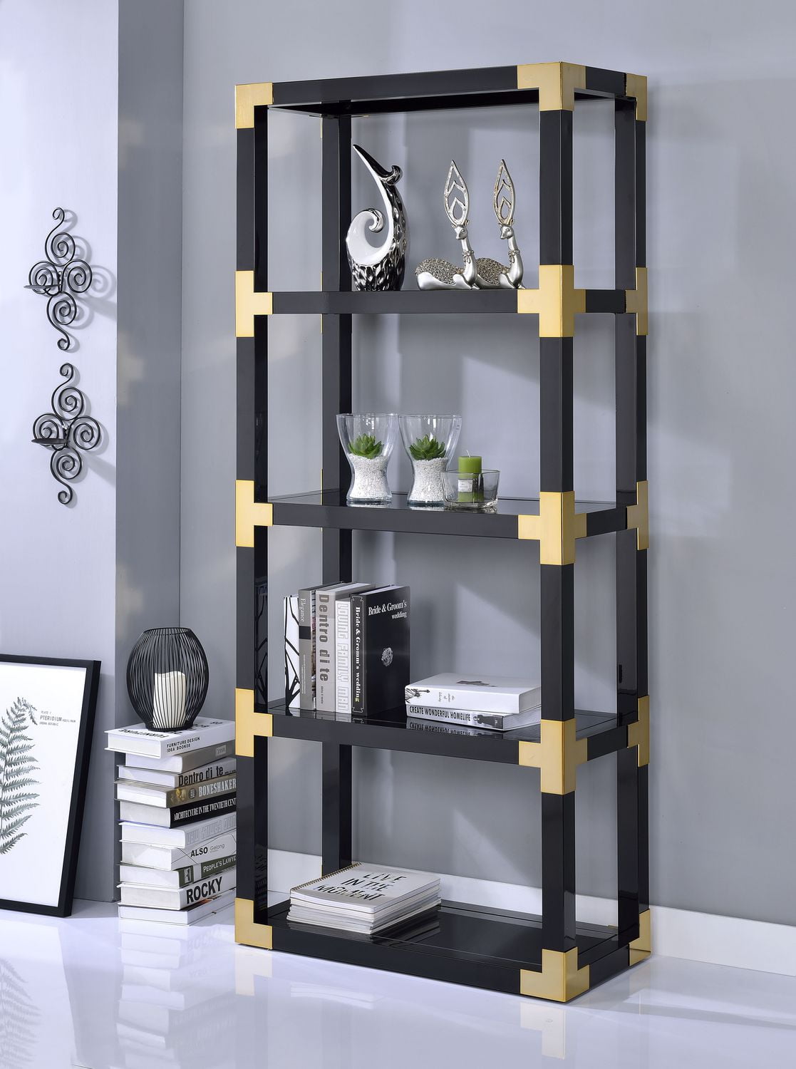 Acme Lafty Bookshelf In Gold Black High Gloss Mirror Acme Lafty Bookshelf In Gold Black High Gloss Mirror Image 1 Of Zoomed