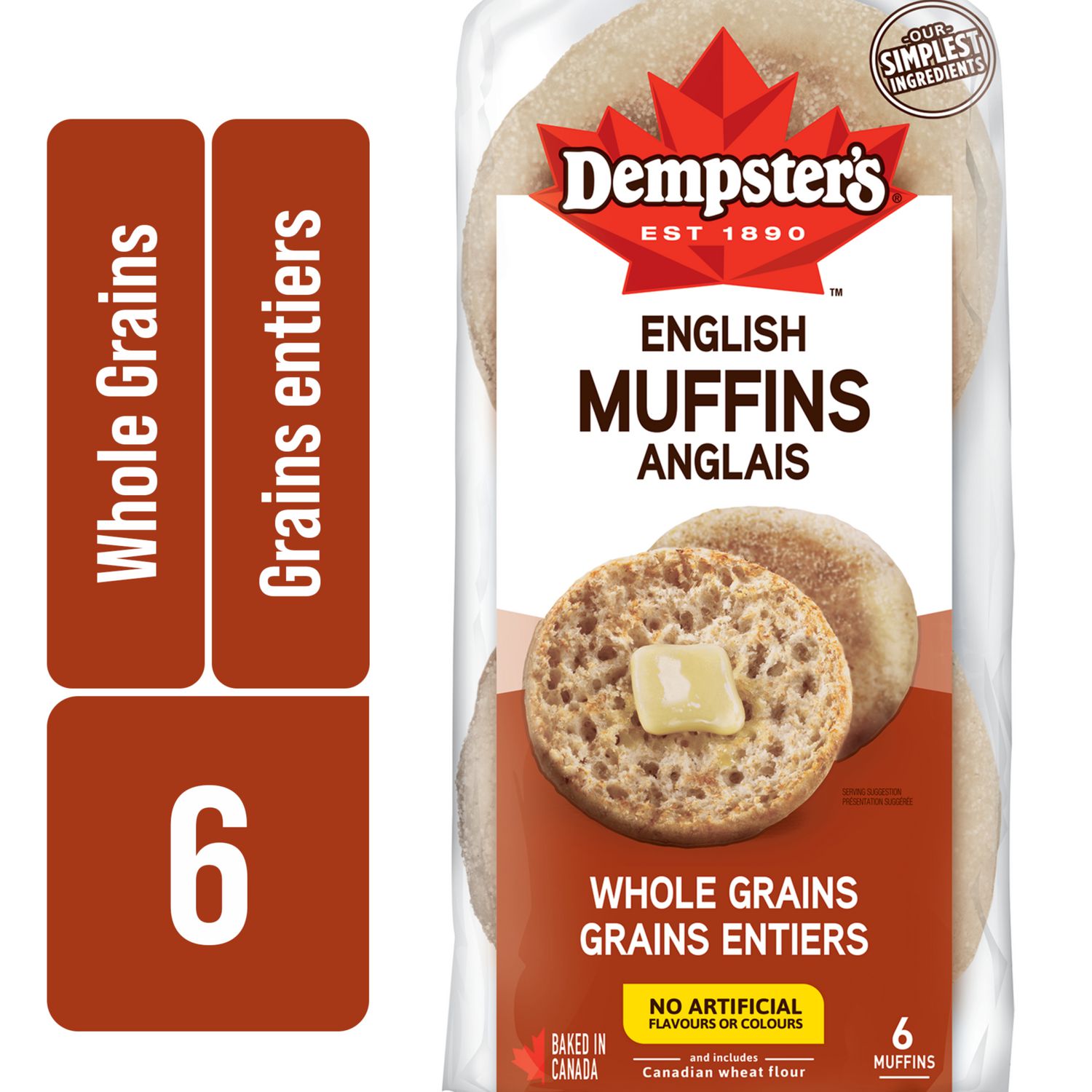 Dempster’s® Whole Grains English Muffins ideal for toasting and breakfast; two round whole-grain muffins shown split to reveal nooks-and-crannies texture and light browning, soft-focus retail bag behind them — often used as a toasted base for quick breakfast sandwiches.