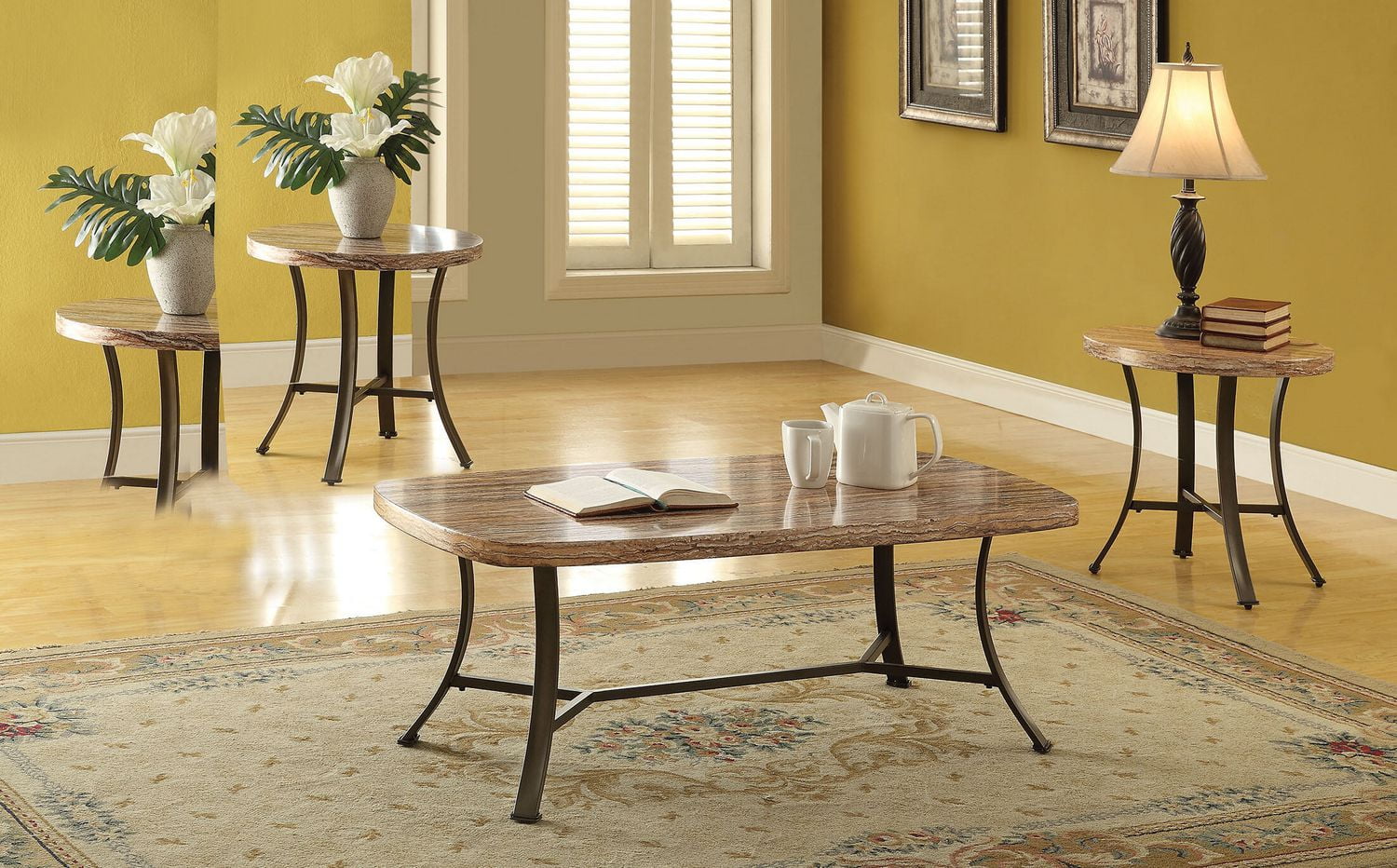 ACME Val 3Pc Pack Coffee/End Table Set in White Faux Marble Walmart