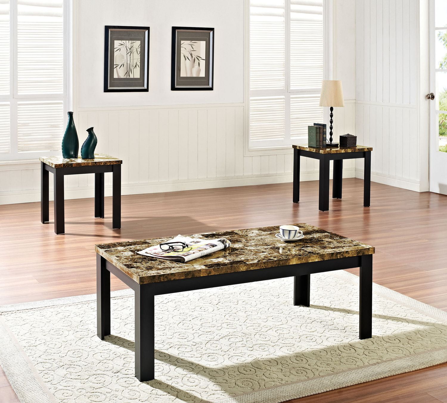 ACME Finely 3Pc Pack Coffee/End Table Set in Dark Brown Faux Marble