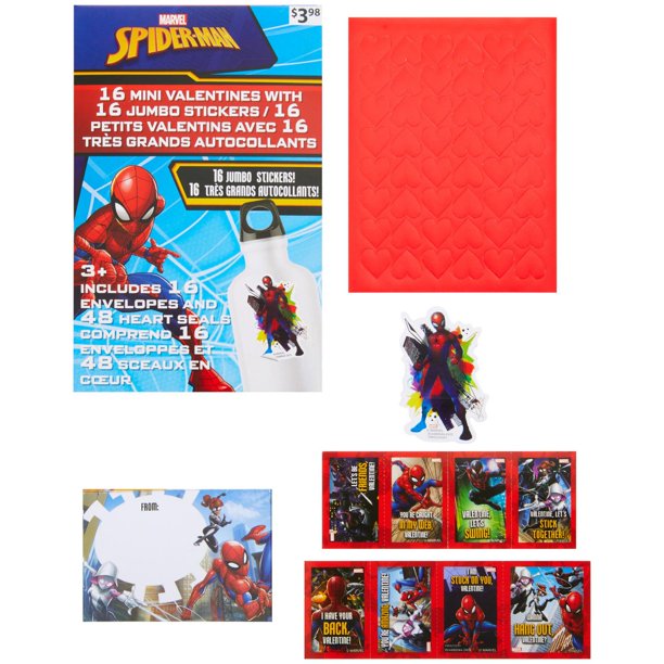 Spiderman Mini Valentine Cards with Jumbo Stickers, Multi-Coloed, 16 Count  