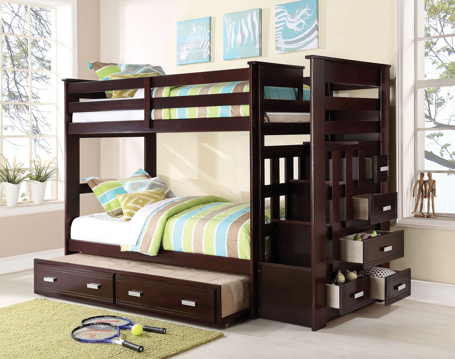 ACME Allentown Twin over Twin Bunk Bed with Storage Ladder & Trundle in  Espresso