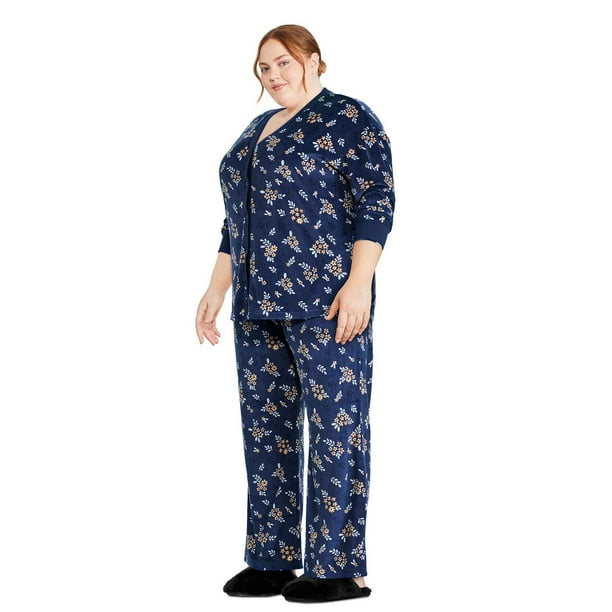 cheibear Women's Silky Floral Short Sleeves Sleepshirt with Pants Pjs Set 2  Pcs Black-White Medium