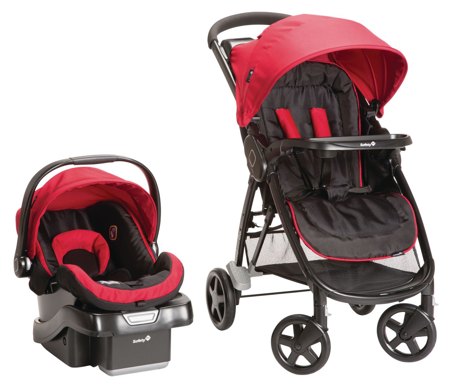 red stroller and carseat combo
