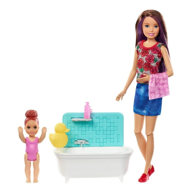 Barbie Babysitters Inc. Skipper Poupée et coffret de jeu Heure du bain, cheveux bruns avec chaussures rouges