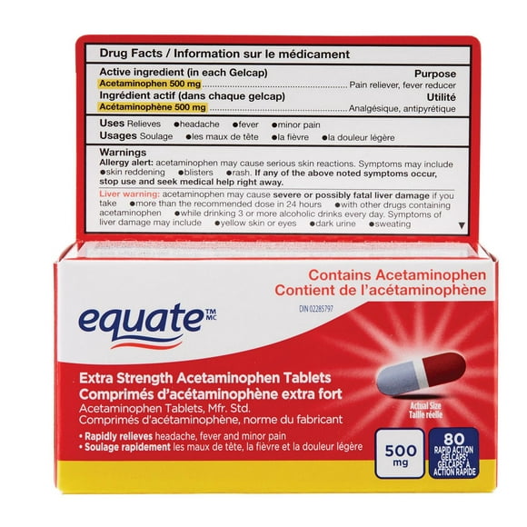 Equate Extra Strength Acetaminophen Tablets, Equate Extra Strength Acetaminophen Tablets<br>Rapid Action Gelcaps*<br>80 Gelcaps