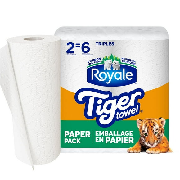 Royale Tiger Towel Recyclable Packaging, 2 Equal 6 Paper Towel Rolls, 2-Ply, 147 Half Sheets