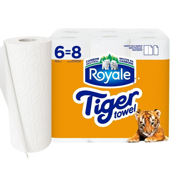 Royale Tiger Towel Paper Towel, 6 Equal 8 Handy Half Sheet Rolls, 2-Ply, 66 Half Sheets