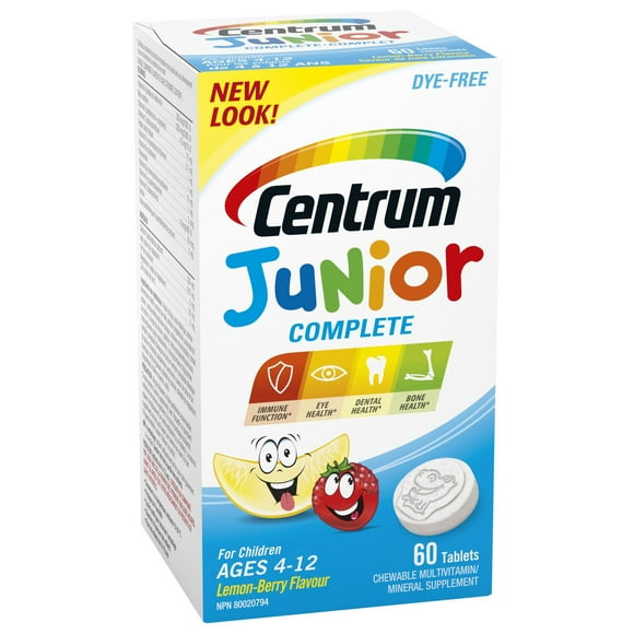 Centrum Junior Complet, un supplément complet de vitamines et de vitamine D à croquer, en format de 60 comprimés