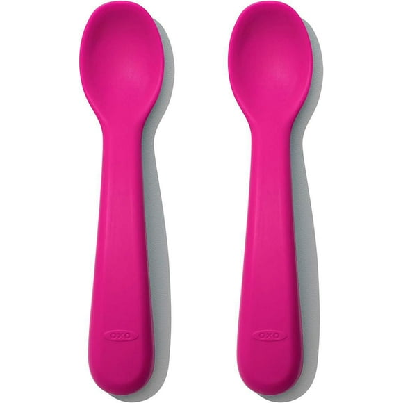 OXO Tot - Cuillères en silicone - Encouragent l'auto-alimentation - Faciles pour les tout-petits à tenir - Ustensiles d'alimentation pour bébés et tout-petits - Rose - Lot de 2