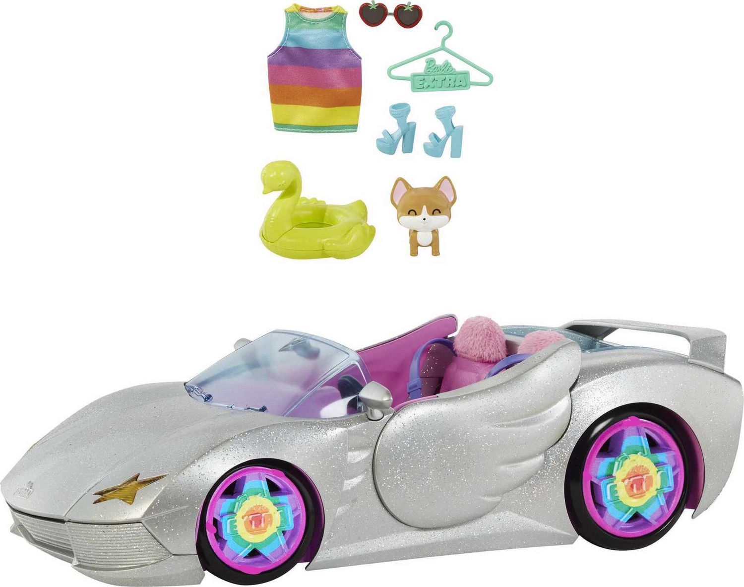 Barbie Extra Vehicle, Sparkly Silver Car with Rolling Wheels, Pet Puppy   Accessories