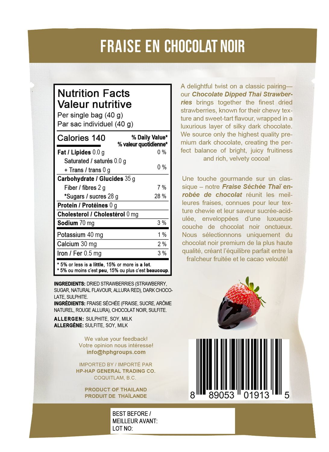 Fraises Trempées dans le Chocolat 40g – H&H Santé & Bonheur Fraises Séchées Trempées dans du Chocolat Noir