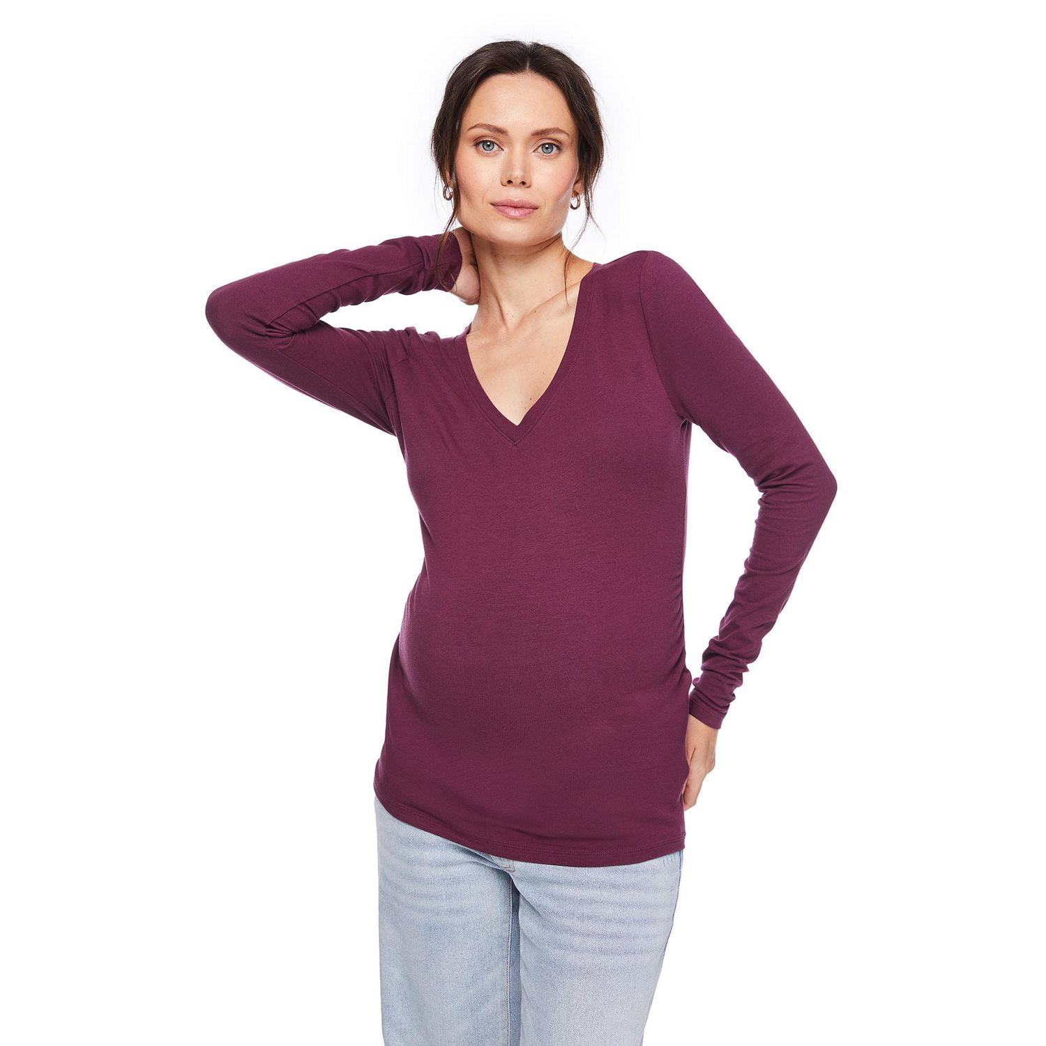 T-shirt à manches longues avec motif ruché et encolure en V Paisley Sky Maternité Tailles P-TTG