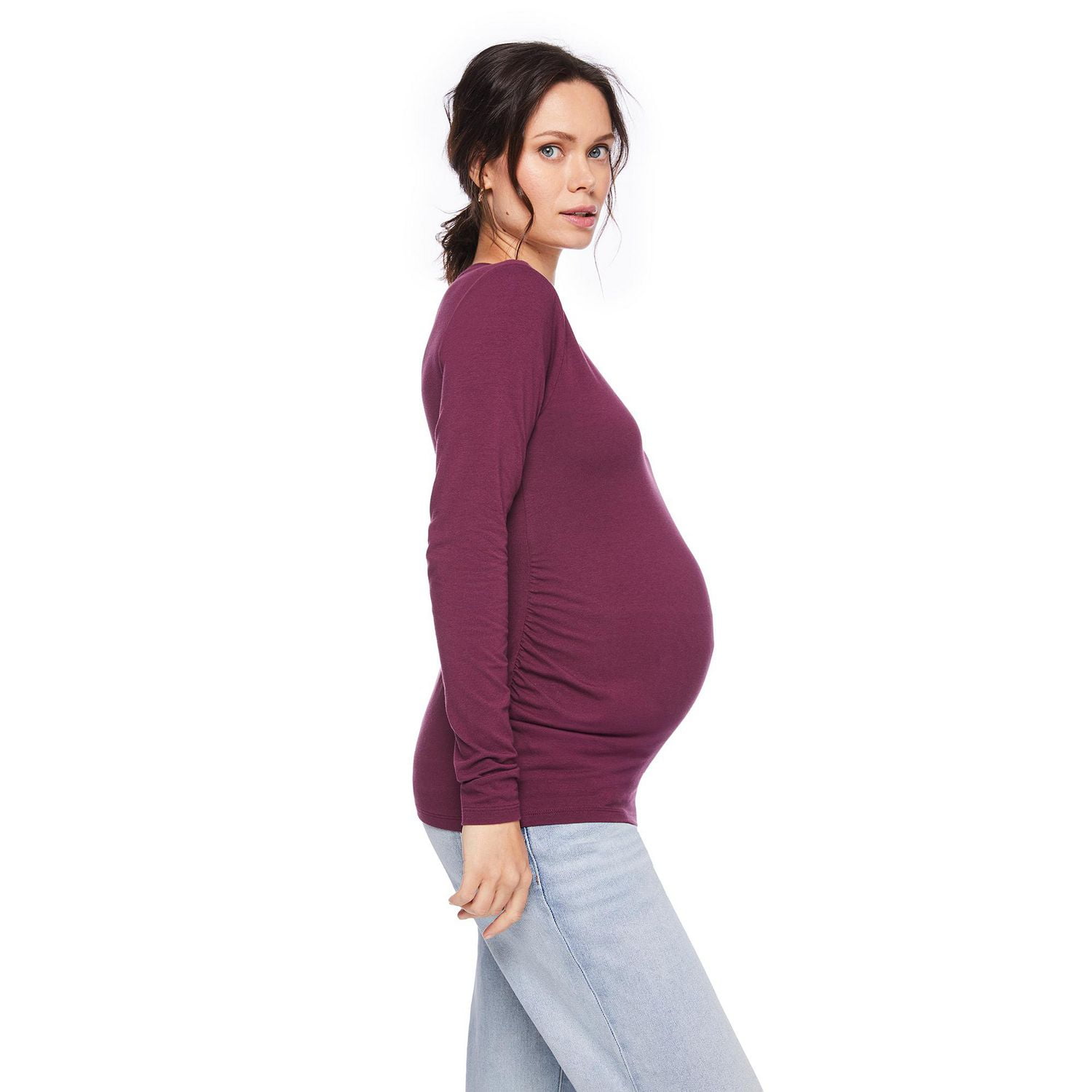 Paisley Sky Maternity Long Sleeve Side Ruched V-Neck Tee, Sizes S-XXL