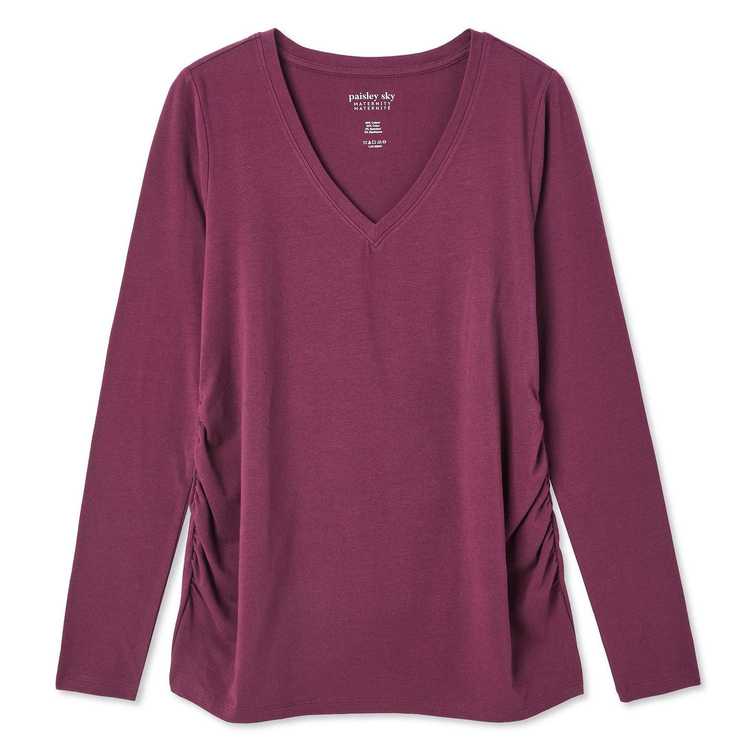 Paisley Sky Maternity Long Sleeve Side Ruched V-Neck Tee, Sizes S-XXL