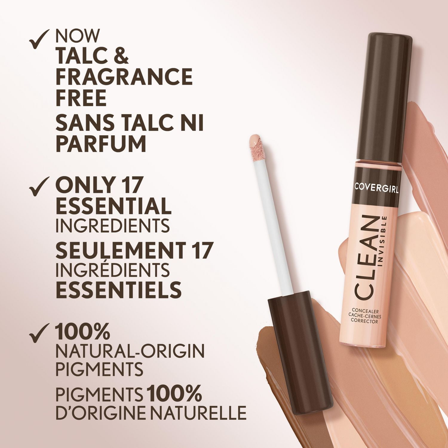 Clean Invisible Concealer, Lightweight, Hydrating, Vegan Formula made with 100% natural-origin pigments for a natural finish