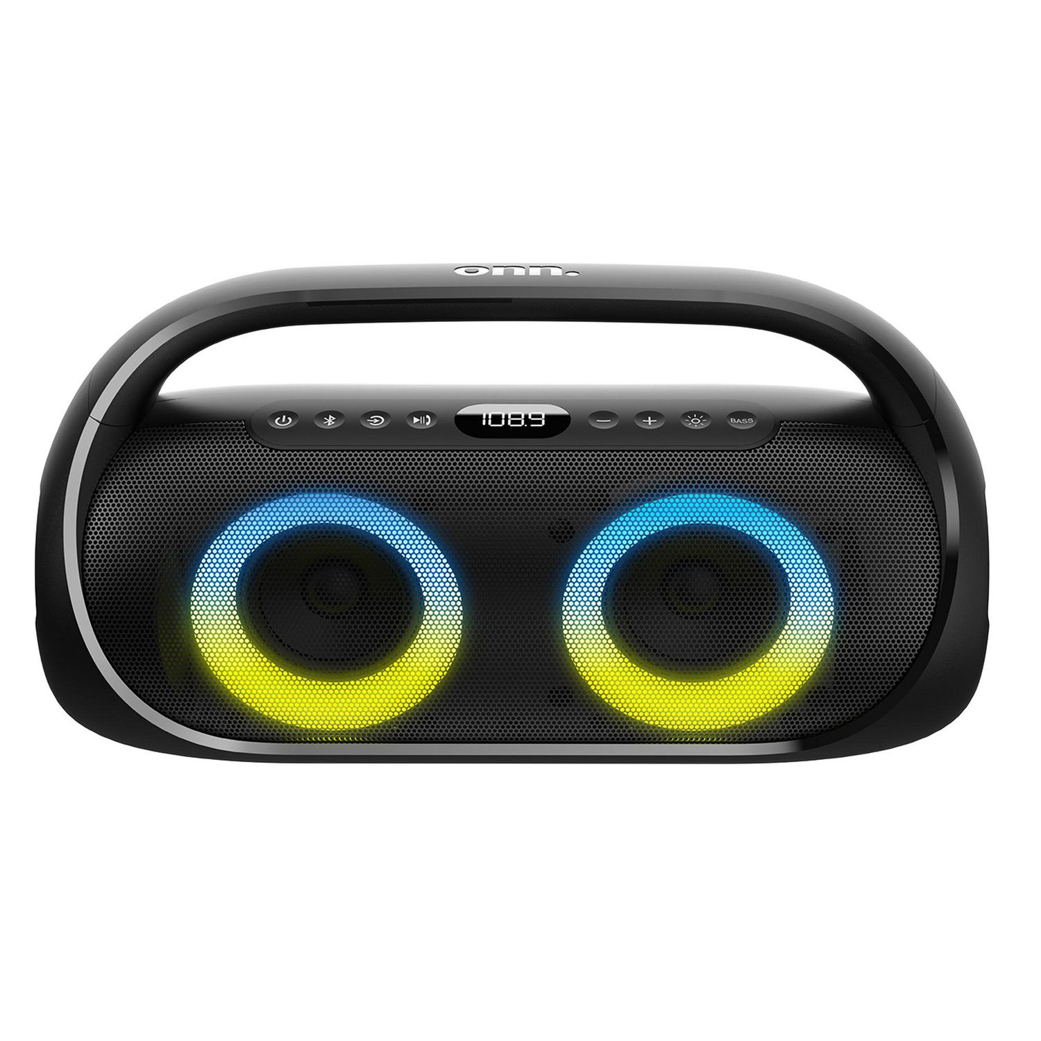 onn. Bluetooth Portable FM Boombox with Multicolour LED Lighting