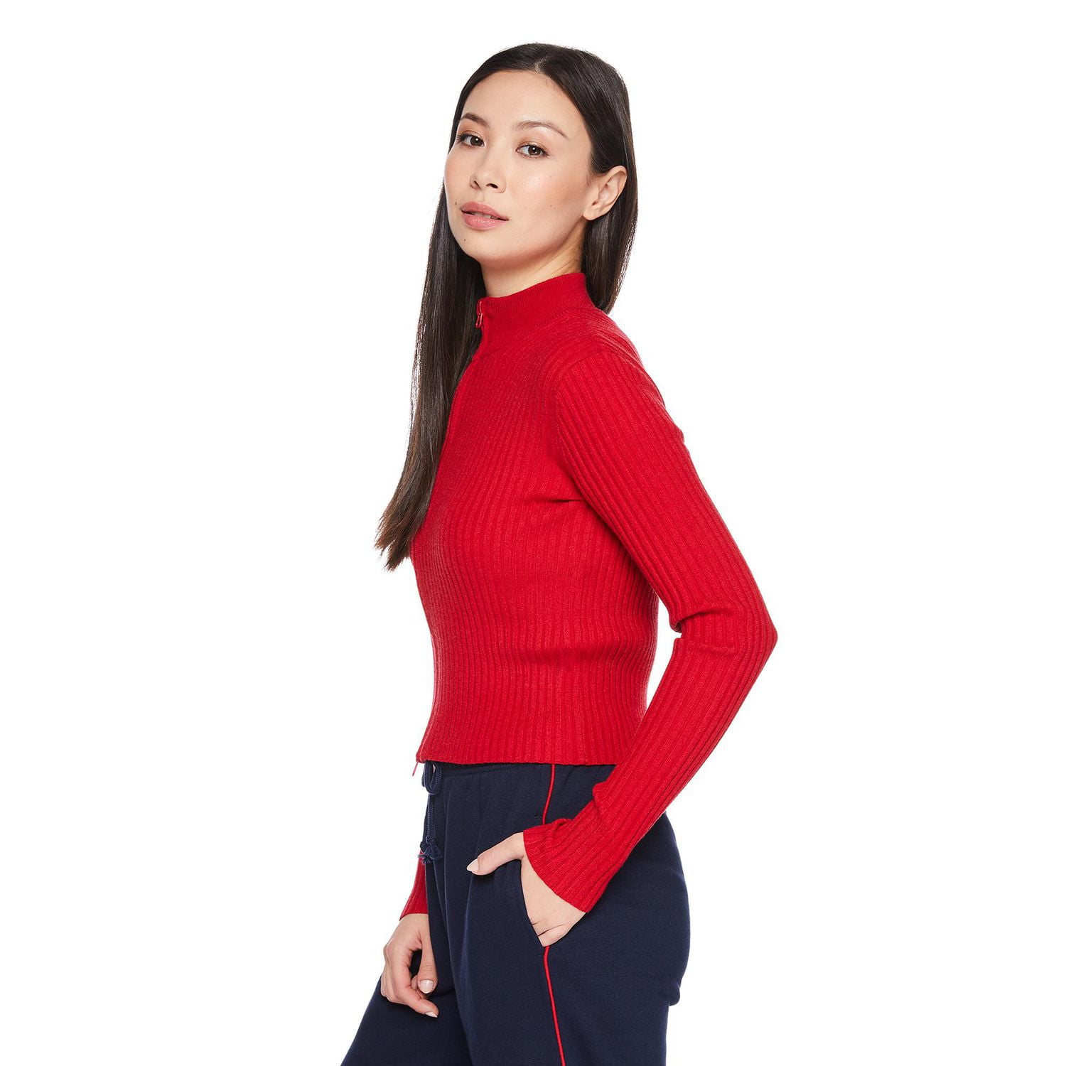 No Boundaries Women's 2-Way Zip Rib Sweater