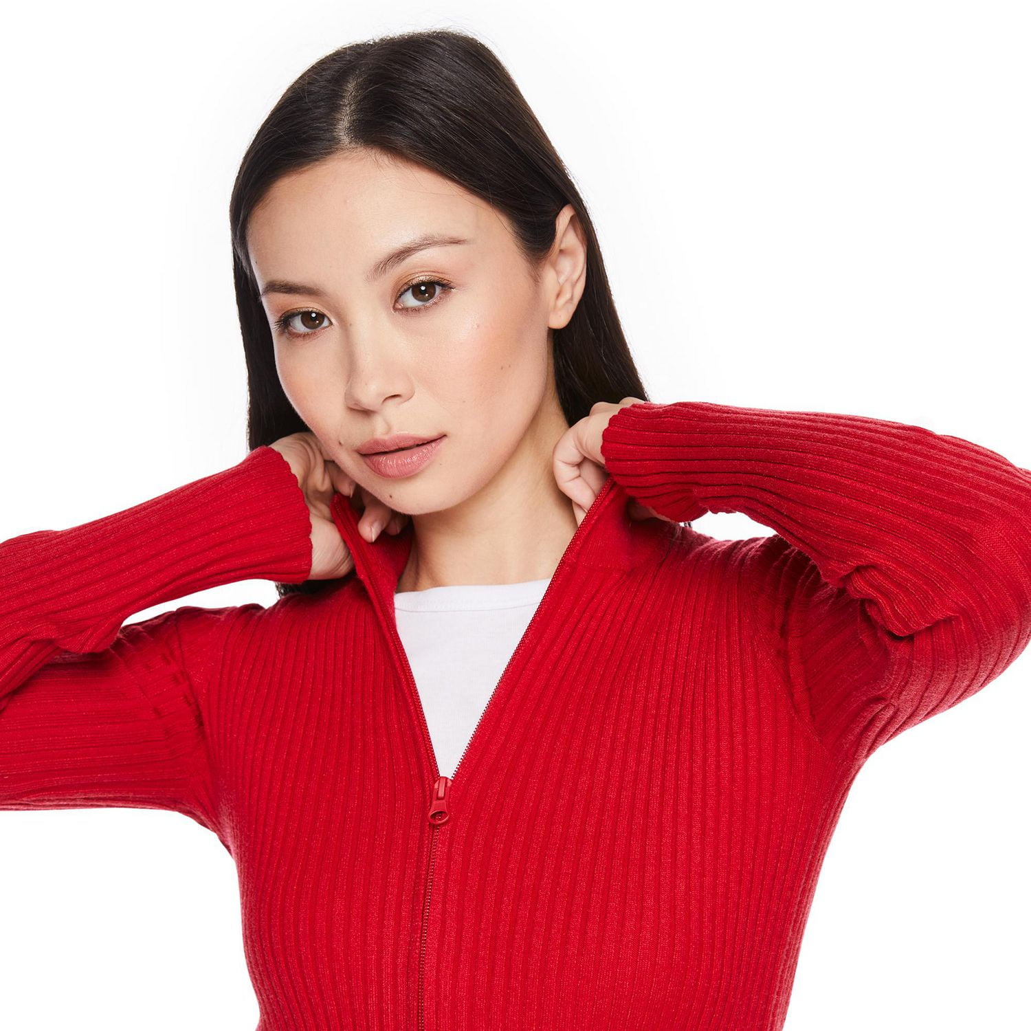 No Boundaries Women's 2-Way Zip Rib Sweater