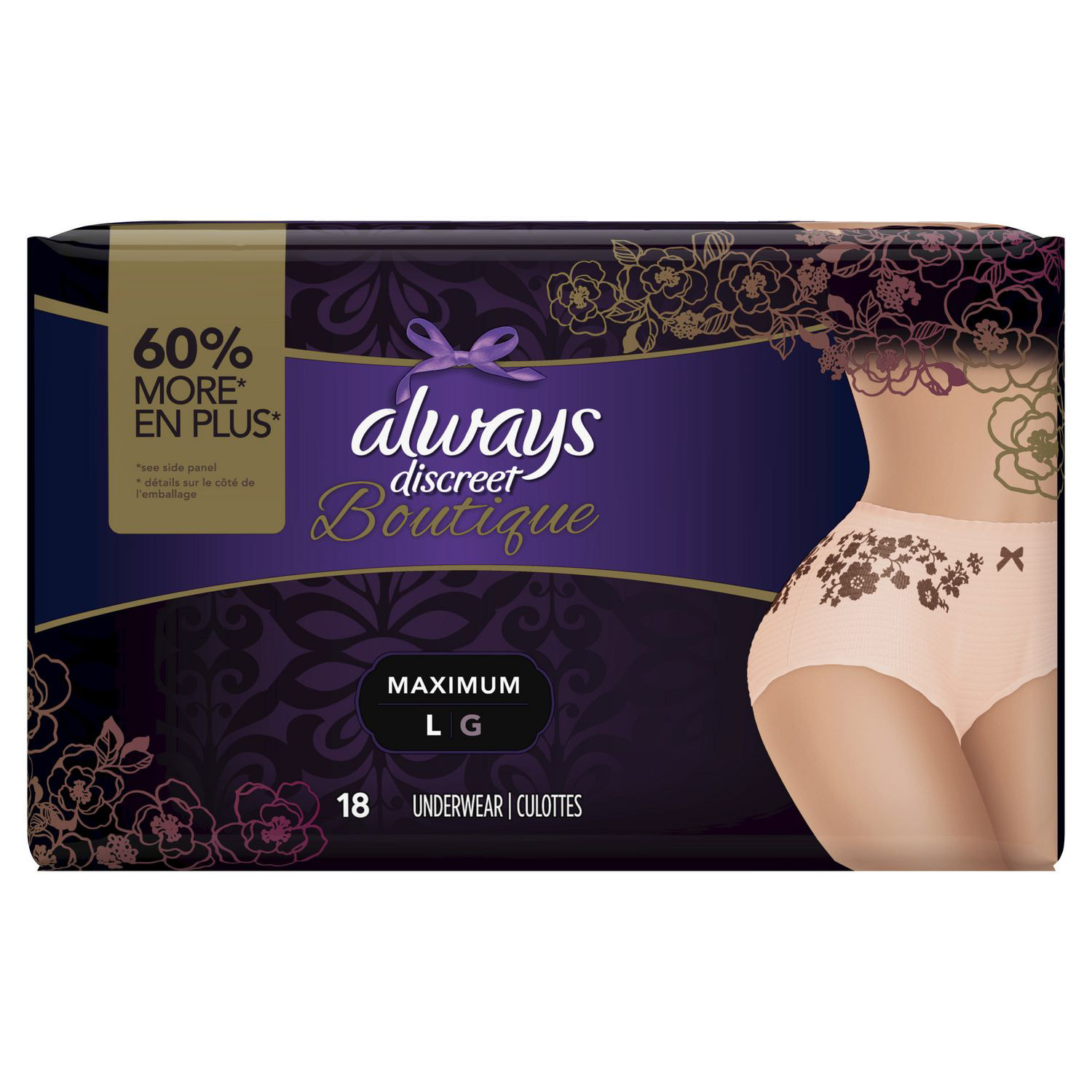 Always Discreet Boutique, Incontinence Underwear for Women, Maximum  Protection, Large - 18 ea